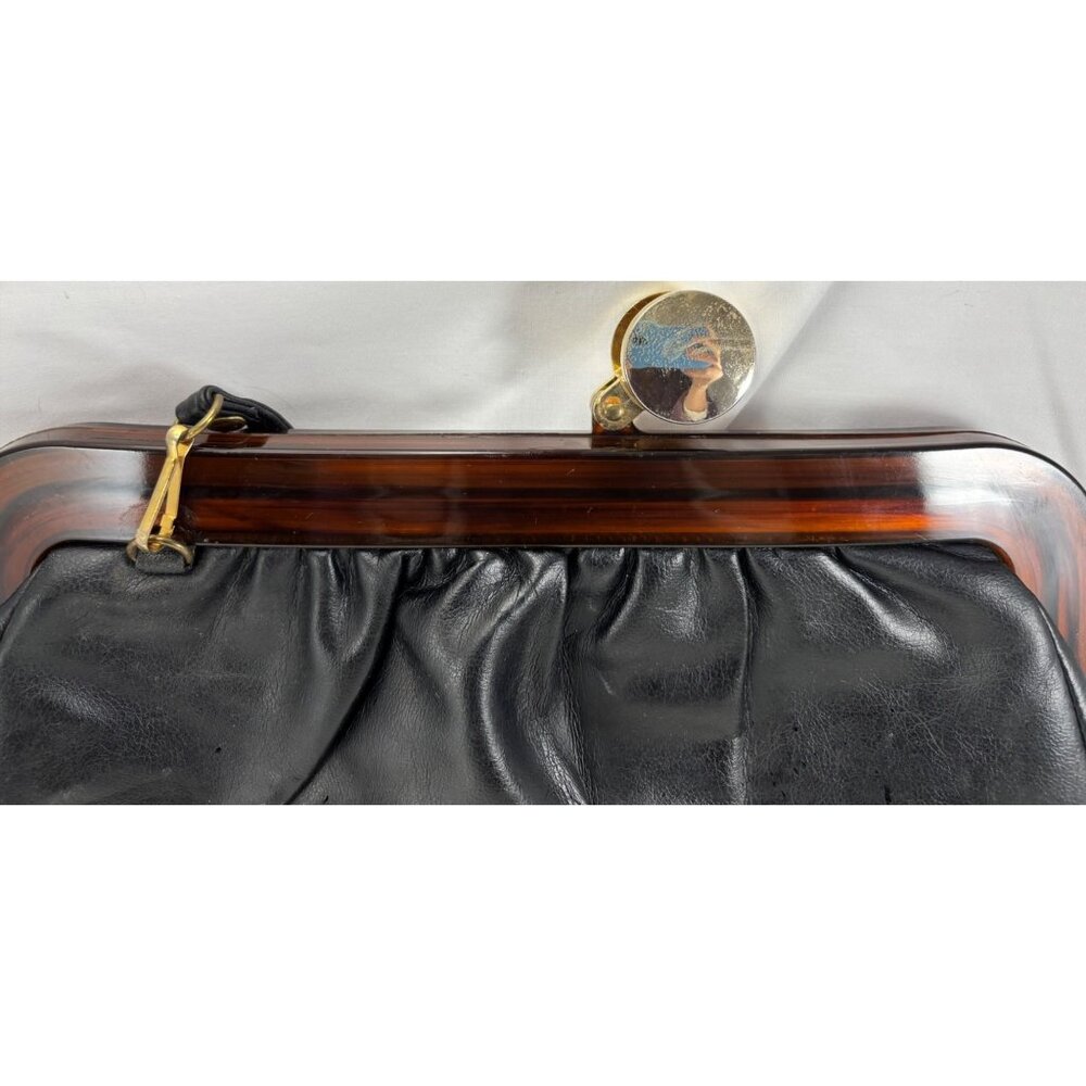 Vintage Black Leather Handbag With Tortoiseshell Frame & Gold Clasp Closure - Picture 4 of 7